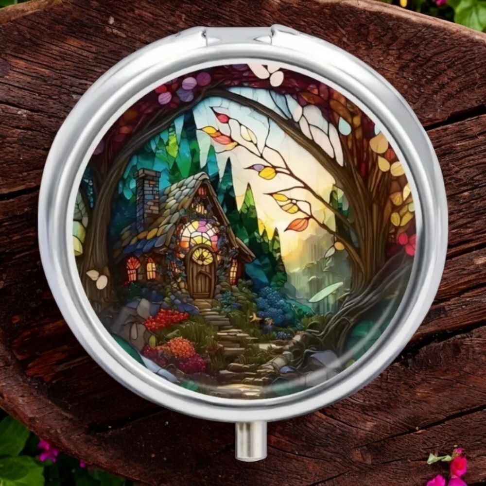 Cottagecore Pill Box Enchanted Forest Dark Fairy Cottage Mini Travel Mirror Case